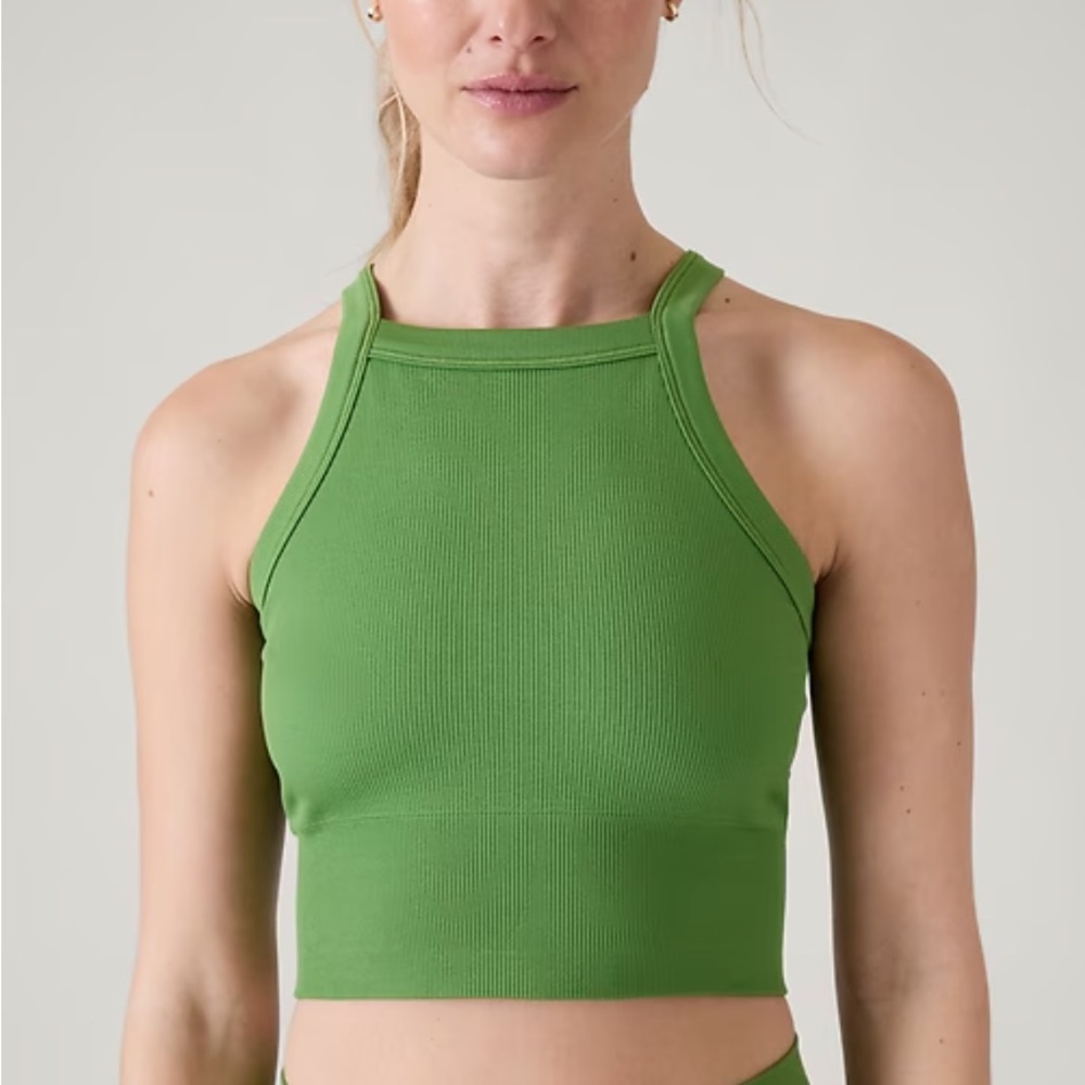 EUC Athleta Green Aurora Seamless Ribbed Halter Crop Top in Baja Green, XS